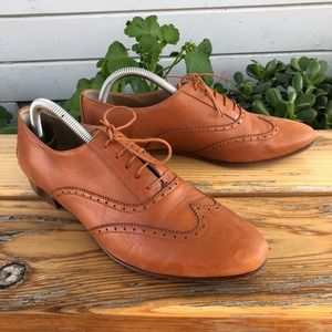 J. Crew Leather Wing-Tip Oxfords Warm Cognac Brown Womens Sz 9.5 B0390 Dress